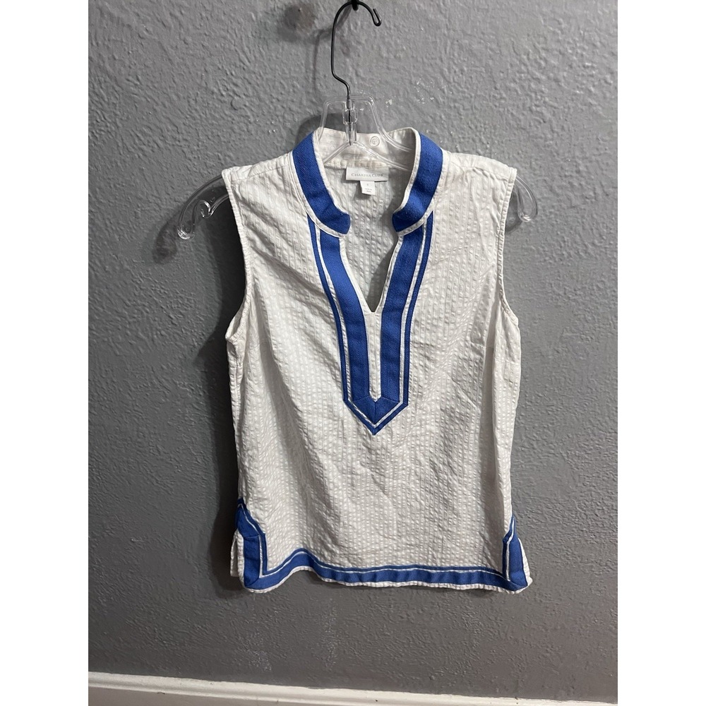 Charter Club Women White Blue Sleeveless Top Size Small